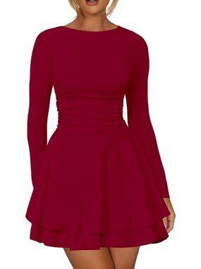 Women's Mini Dress Wine Red Neck Long Sleeve A link Bodycon Pull Over Classic